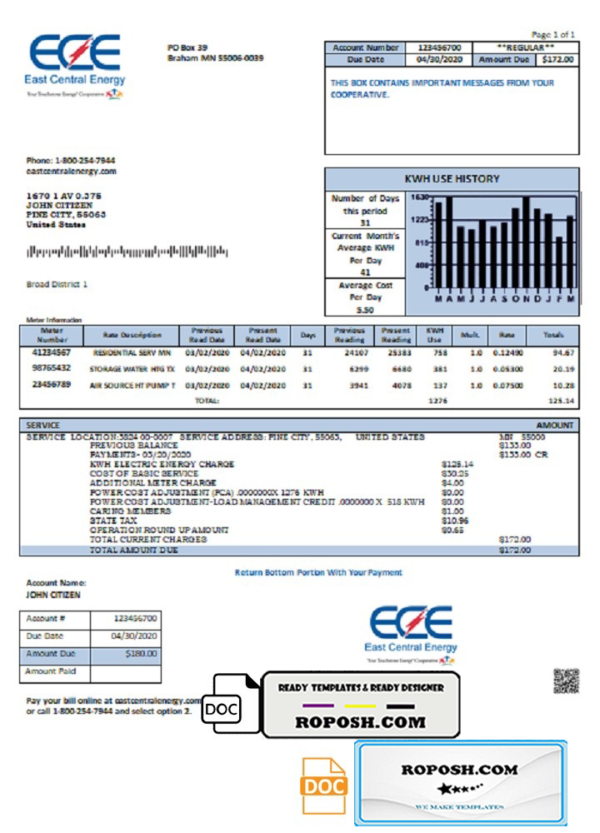 USA Minnesota East Central Energy utility bill template in Word and PDF (.doc and .pdf) format