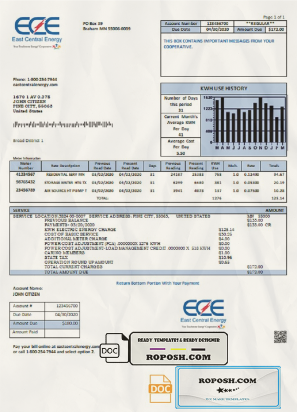 USA Minnesota East Central Energy utility bill template in Word and PDF (.doc and .pdf) format scan effect
