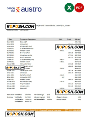 Ecuador Banco del Austro bank statement Excel and PDF template