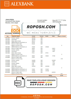 Egypt Alex Bank of Egypt proof of address bank statement template in Word and PDF format
