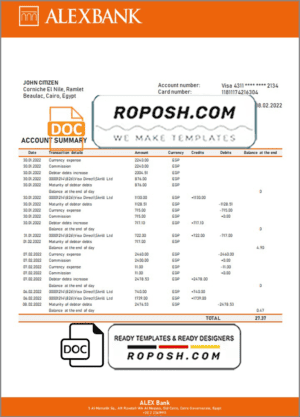 Egypt Alex Bank of Egypt proof of address bank statement template in Word and PDF format