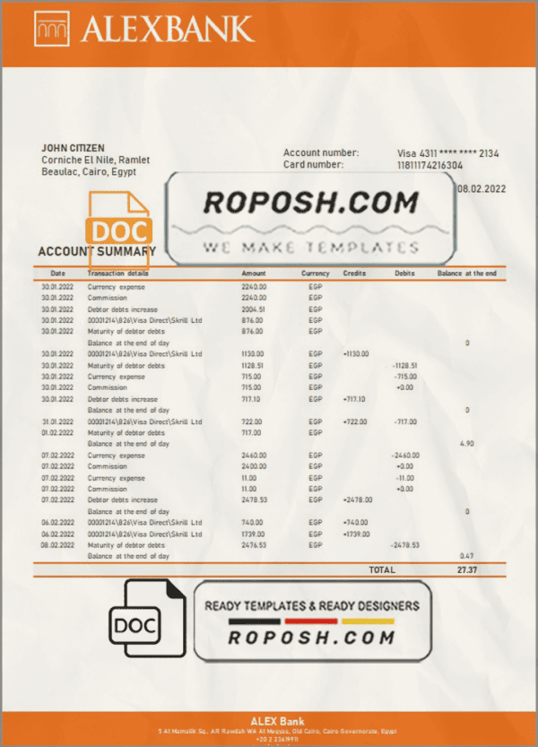 Egypt Alex Bank of Egypt proof of address bank statement template in Word and PDF format