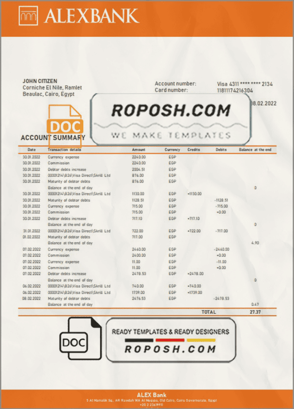 Egypt Alex Bank of Egypt proof of address bank statement template in Word and PDF format