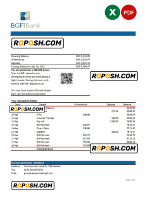 Equatorial Guinea BGFI Bank Statement Excel and PDF template