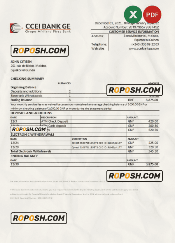 Equatorial Guinea CCEI Bank statement Excel and PDF template