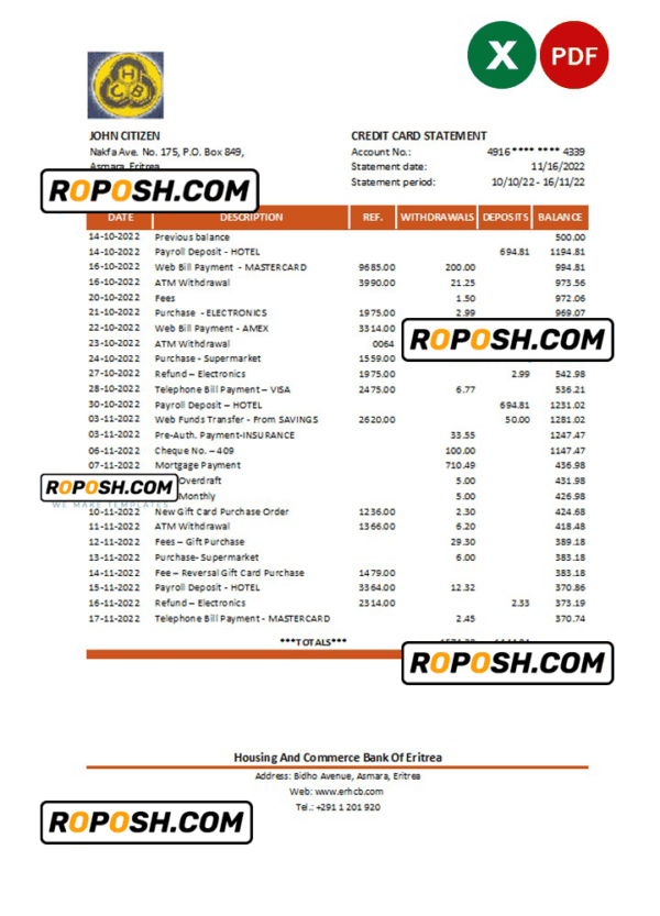 Eritrea Central bank statement Excel and PDF template