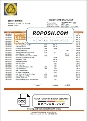 Eritrea Housing and Commerce bank statement template in Word and PDF format