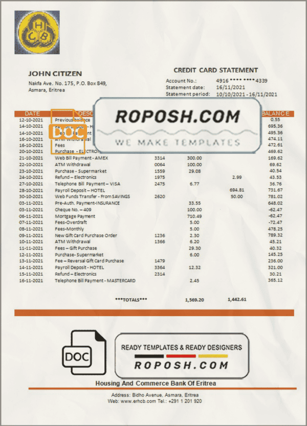Eritrea Housing and Commerce bank statement template in Word and PDF format
