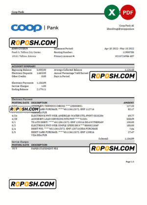 Estonia Coop Pank bank statement Excel and PDF template