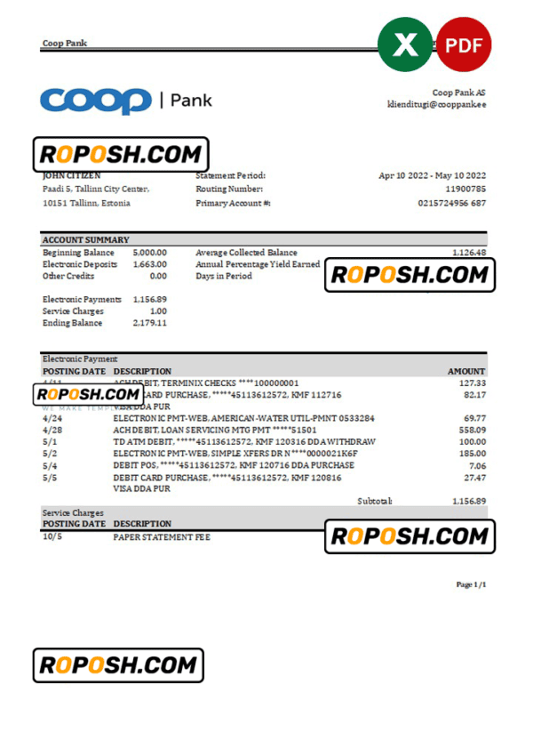 Estonia Coop Pank bank statement Excel and PDF template