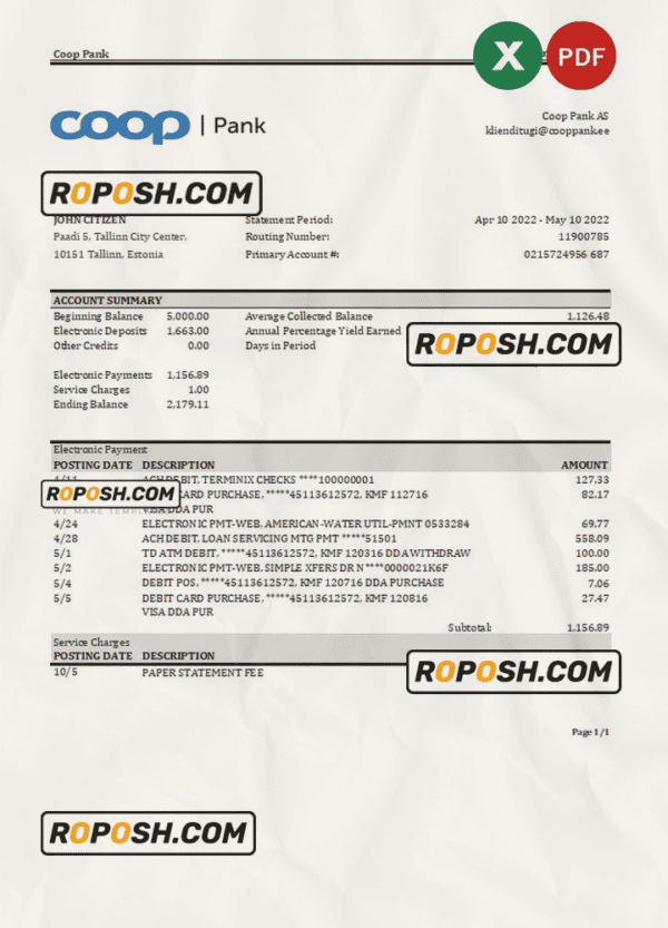 Estonia Coop Pank bank statement Excel and PDF template