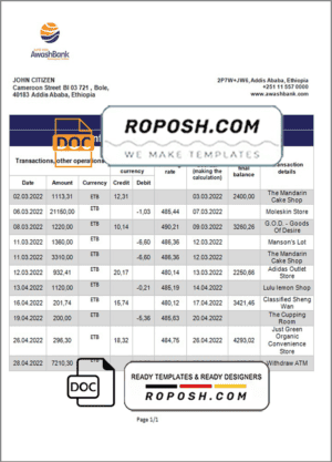 Ethiopia Awash proof of address bank statement template in Word and PDF format