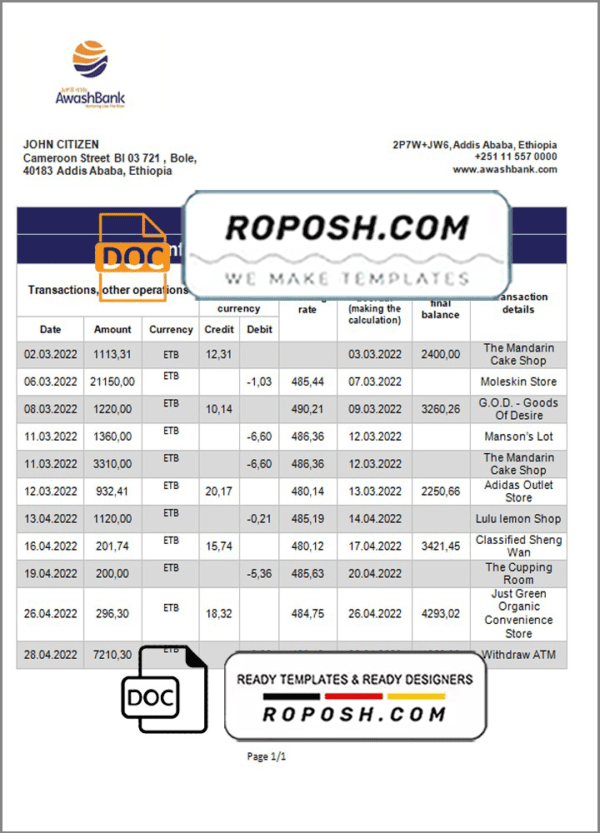 Ethiopia Awash proof of address bank statement template in Word and PDF format