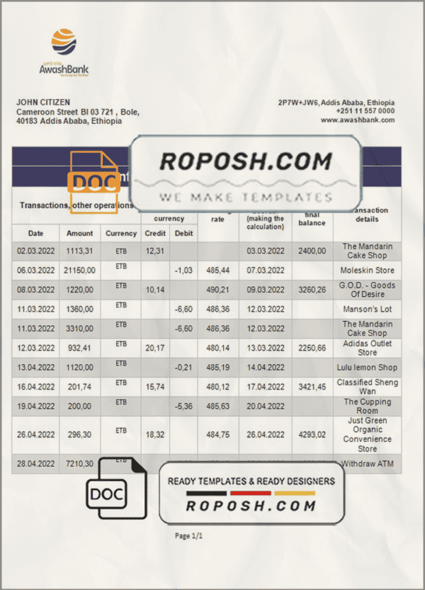 Ethiopia Awash proof of address bank statement template in Word and PDF format