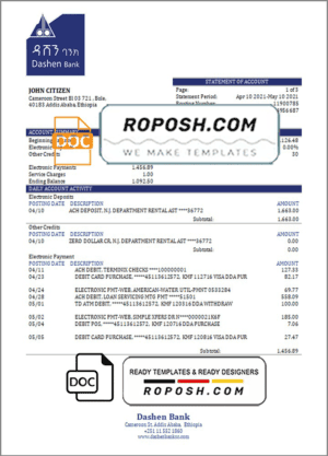 Ethiopia Dashen proof of address bank statement template in Word and PDF format