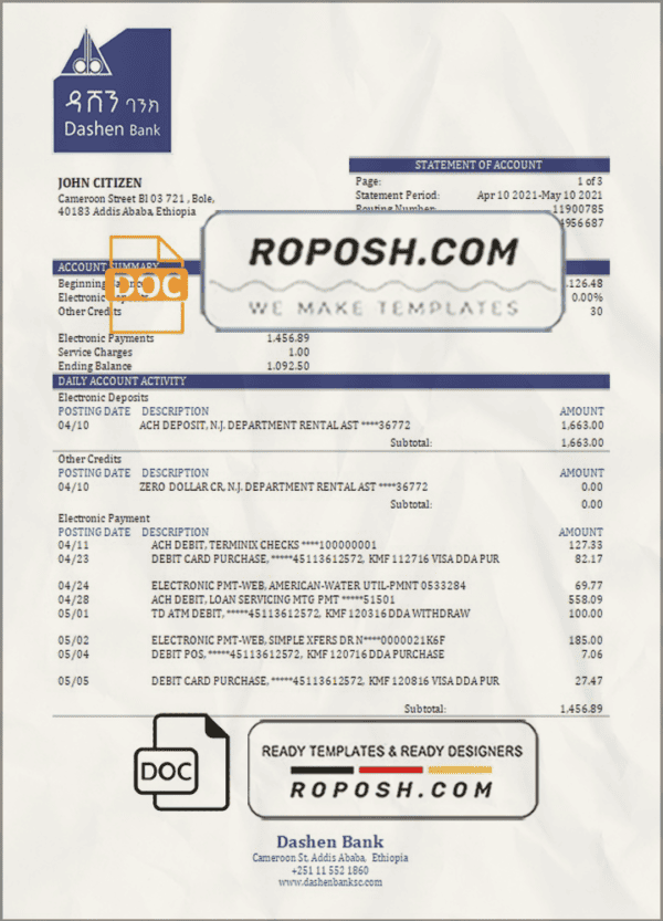 Ethiopia Dashen proof of address bank statement template in Word and PDF format