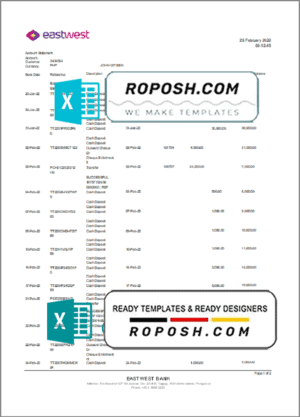 Philippines EastWest bank statement template in Excel and PDF format