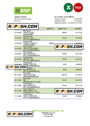 Fiji Bank of South Pacific bank statement Excel and PDF template