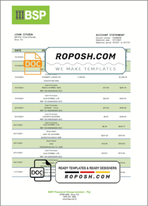 Fiji Bank of South Pacific bank statement template in Word and PDF format
