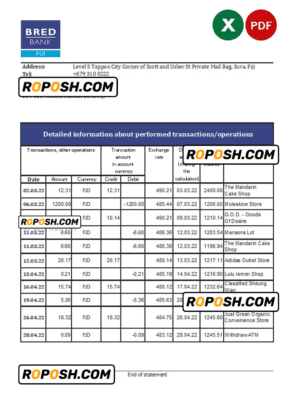Fiji Bred bank statement Excel and PDF template