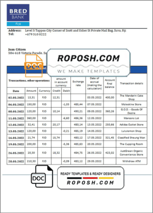 Fiji Bred bank statement template in Word and PDF format