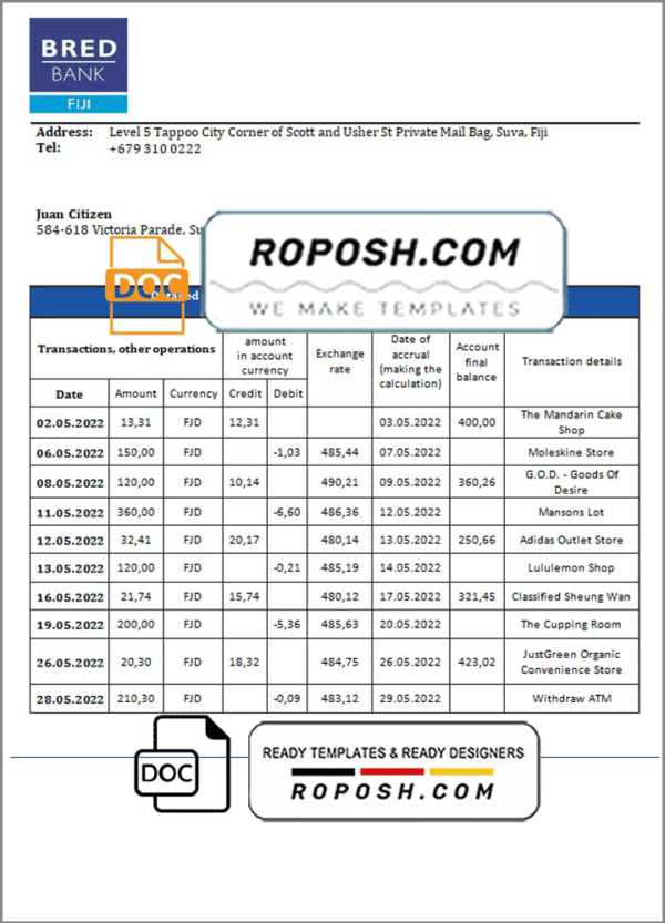 Fiji Bred bank statement template in Word and PDF format
