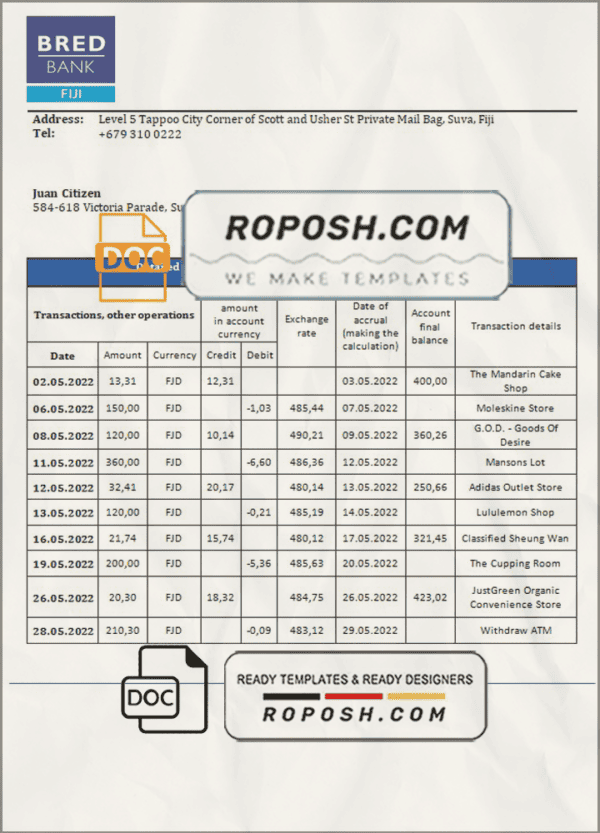 Fiji Bred bank statement template in Word and PDF format