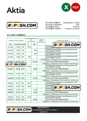 Finland Aktia bank statement Excel and PDF template