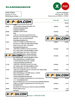 Finland Aland bank statement Excel and PDF template
