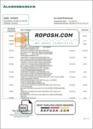 Finland Aland Bank statement template in Word and PDF format