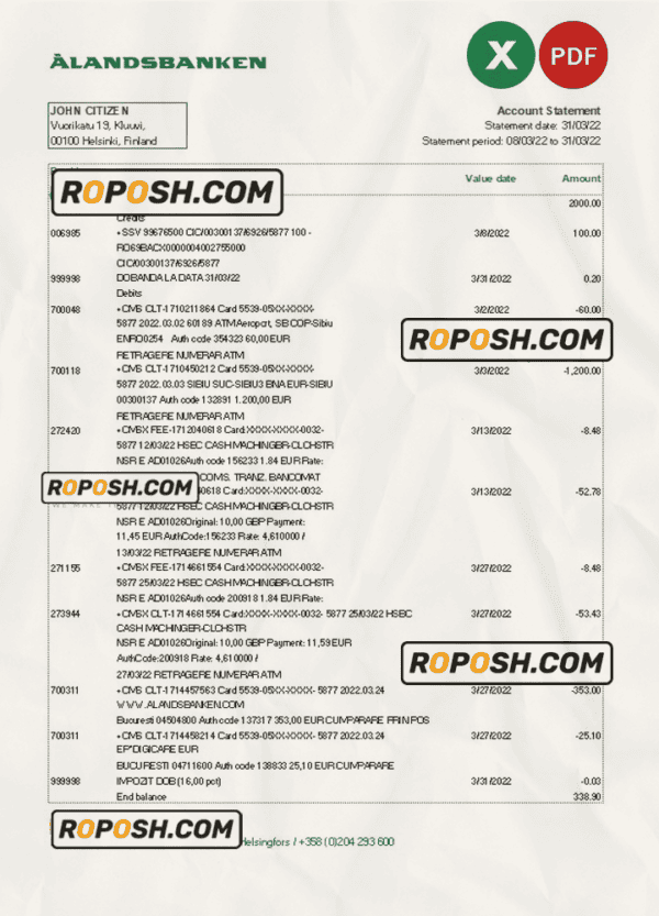 Finland Aland bank statement Excel and PDF template