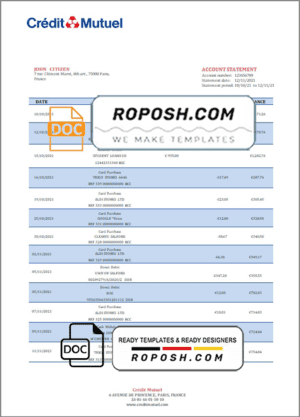 France Credit Mutuel bank statement template in Word and PDF (.doc and .pdf) format