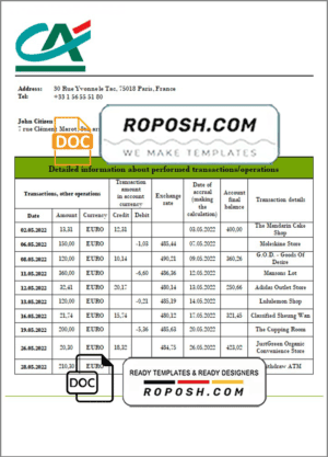 France Credite Agricole bank statement template in Word and PDF (.doc and .pdf) format