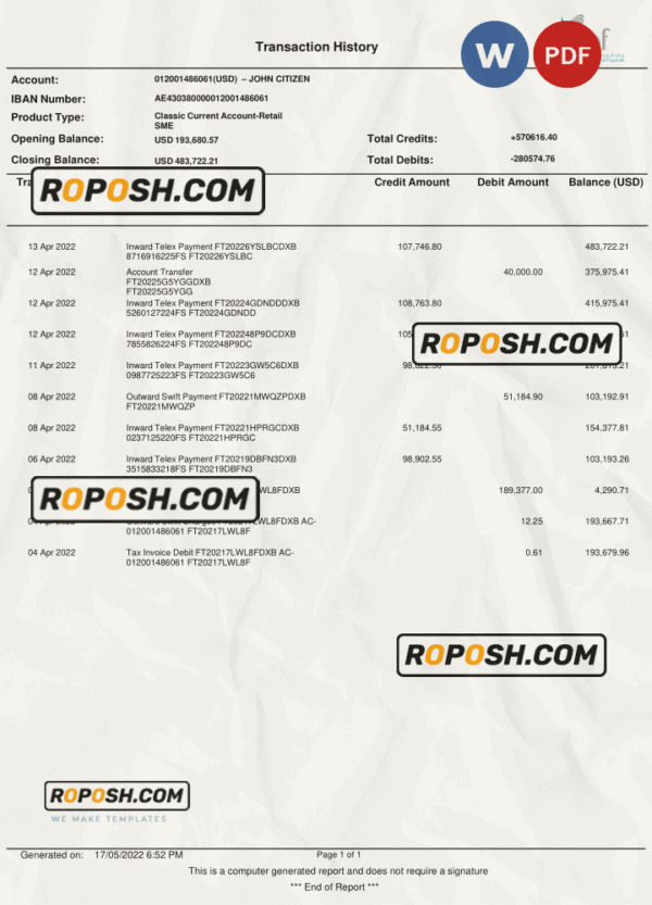 UAE Fujeirah National bank (NFB) bank statement, Word and PDF template