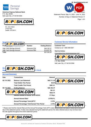 USA American Express Personal Savings bank statement Word and PDF template, 4 pages