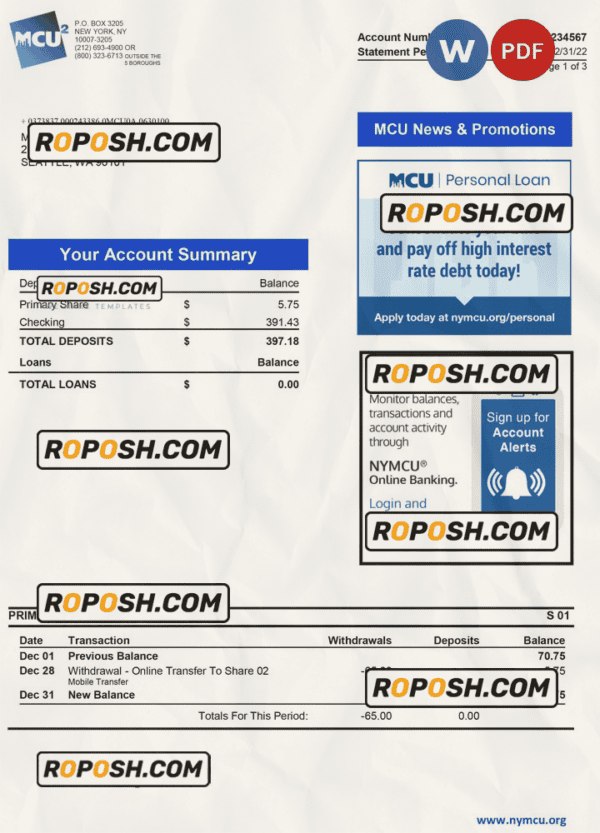 USA MCU bank statement Word and PDF template, 3 pages