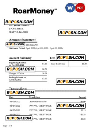 USA Moneylion bank statement Word and PDF template, 2 pages