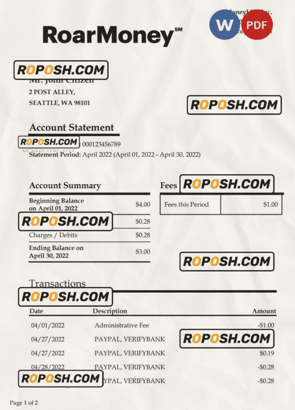 USA Moneylion bank statement Word and PDF template, 2 pages