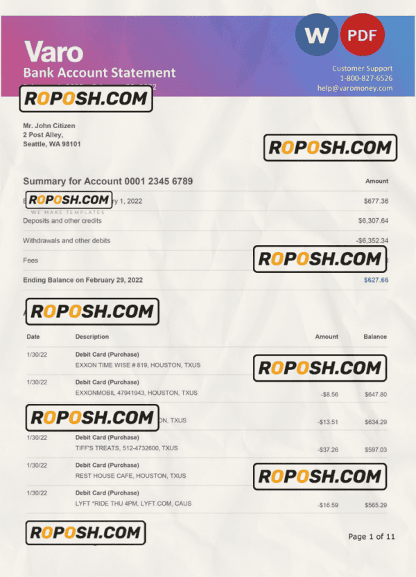 USA Varo bank statement Word and PDF template, 11 pages