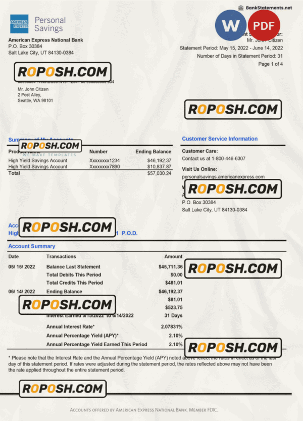 USA American Express Personal Savings bank statement Word and PDF template, 4 pages
