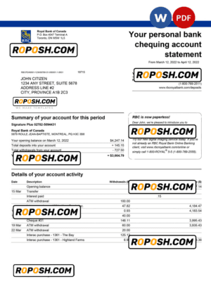 Canada Royal Bank of Canada (RBC) bank statement, Word and PDF template, version 3