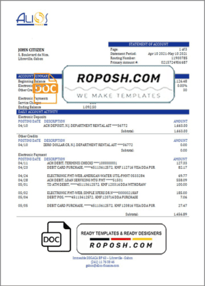 Gabon Alios Finance bank statement template in Word and PDF format
