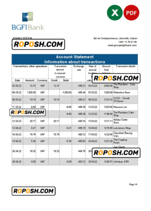 Gabon BGFI bank statement Excel and PDF template