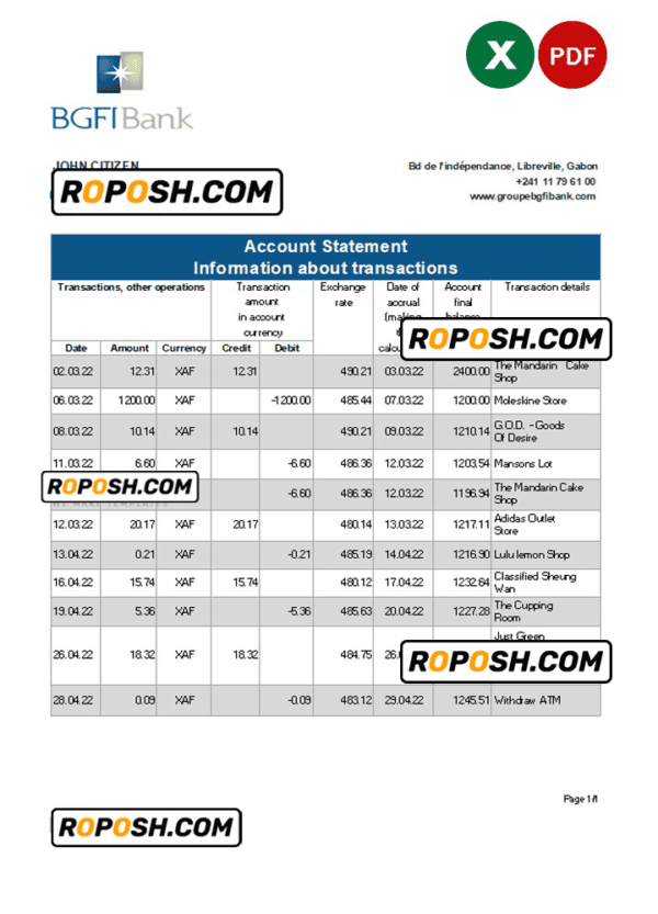 Gabon BGFI bank statement Excel and PDF template