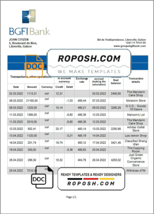 Gabon BGFI bank statement template in Word and PDF format