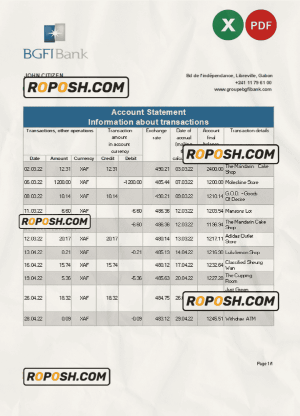 Gabon BGFI bank statement Excel and PDF template