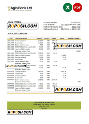 Gambia Arab Gambian Islamic bank statement Excel and PDF template