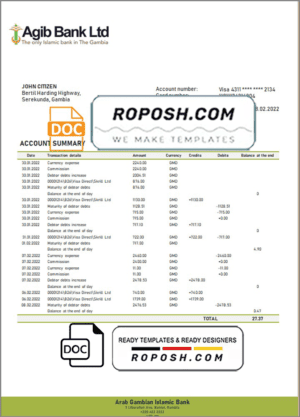 Gambia Arab Gambian Islamic bank statement template in Word and PDF format