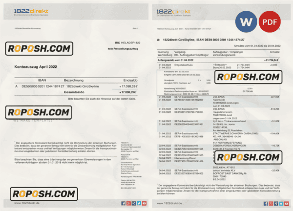 Germany 1822direkt bank statement, Word and PDF template