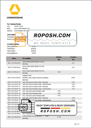 Germany Commerzbank bank statement template in Word and PDF format
